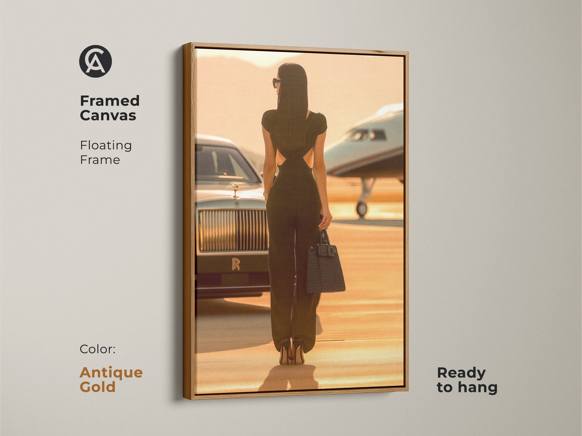 Framed canvas art of a woman with a private jet and luxury car. The frame is antique gold. Ready to hang to create a chic travel poster vibe. This contemporary artwork is perfect for designer wall art prints. A bespoke home wall hanging.