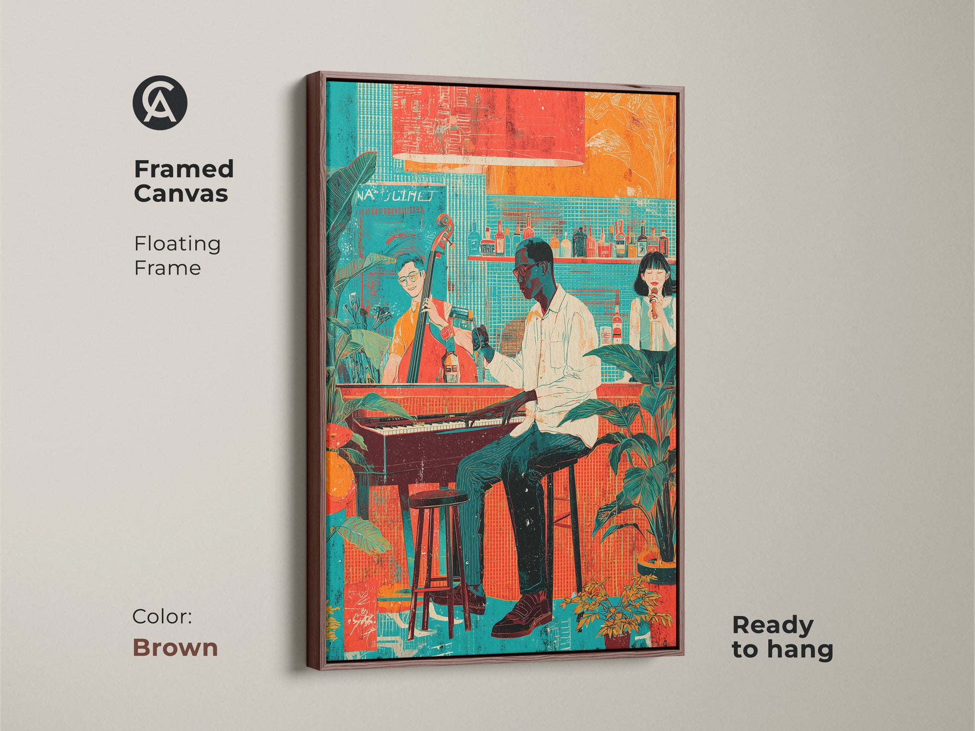 Framed canvas art of a jazz band with a floating brown frame. The retro teal red and orange artwork features a pianist and singer. Great for eclectic bar or office decor.