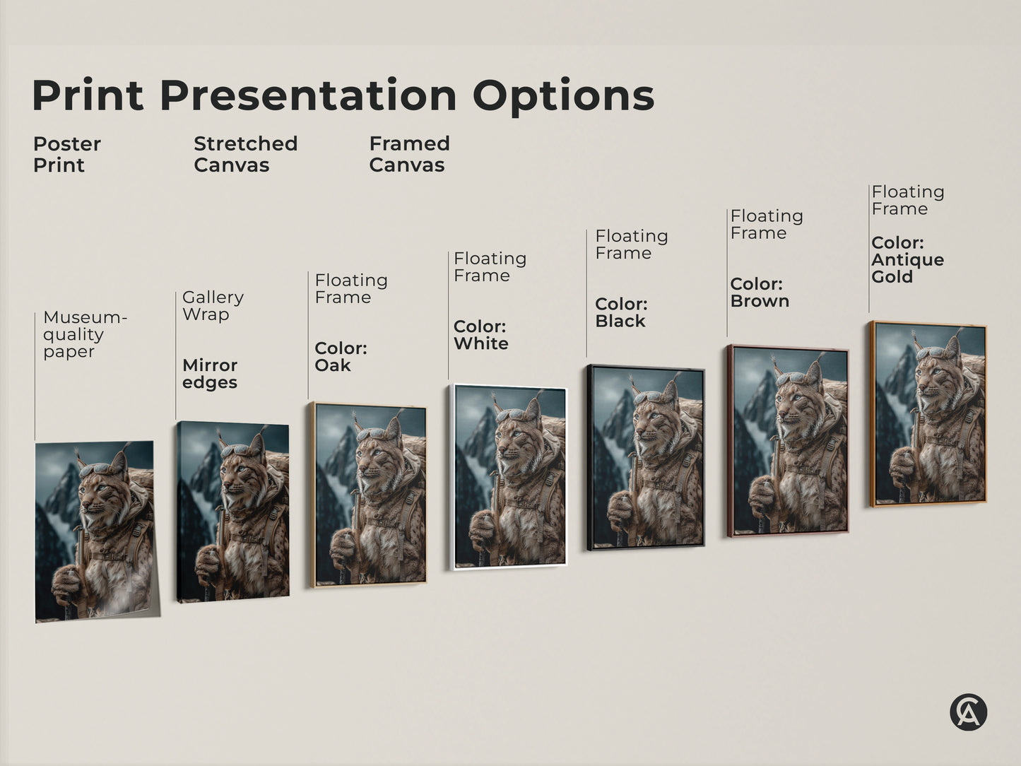 Print presentation options for rustic Lynx artwork. Museum-quality paper in stretched canvas. Framed canvas floating frames with color options. Including black brown antique gold oak and white. The tan brown teal wildlife artwork is great for the office and home. A unique gift for nature lovers.