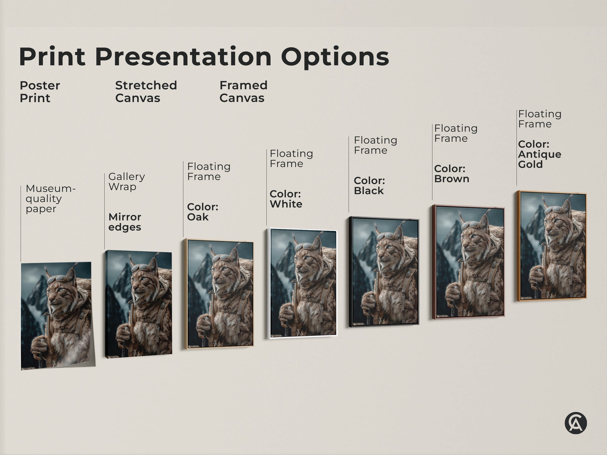 Print presentation options for rustic Lynx artwork. Museum-quality paper in stretched canvas. Framed canvas floating frames with color options. Including black brown antique gold oak and white. The tan brown teal wildlife artwork is great for the office and home. A unique gift for nature lovers.