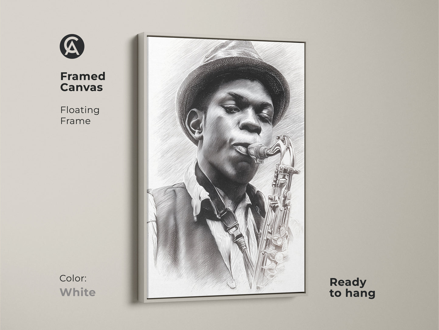 Framed canvas with a floating frame displaying a pencil artwork of a jazz musician playing the saxophone. The white frame offers a clean modern look. Ready to hang this artwork complements any decor. This framed canvas is perfect for music lovers who want a fresh and stylish piece.