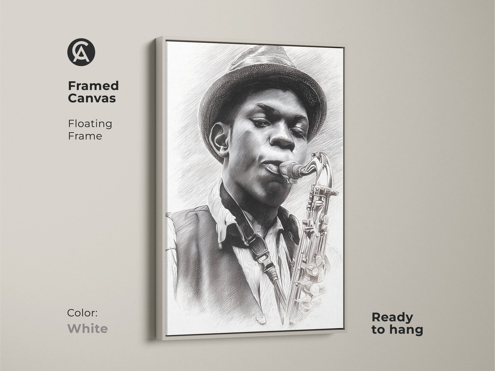Framed canvas with a floating frame displaying a pencil artwork of a jazz musician playing the saxophone. The white frame offers a clean modern look. Ready to hang this artwork complements any decor. This framed canvas is perfect for music lovers who want a fresh and stylish piece.