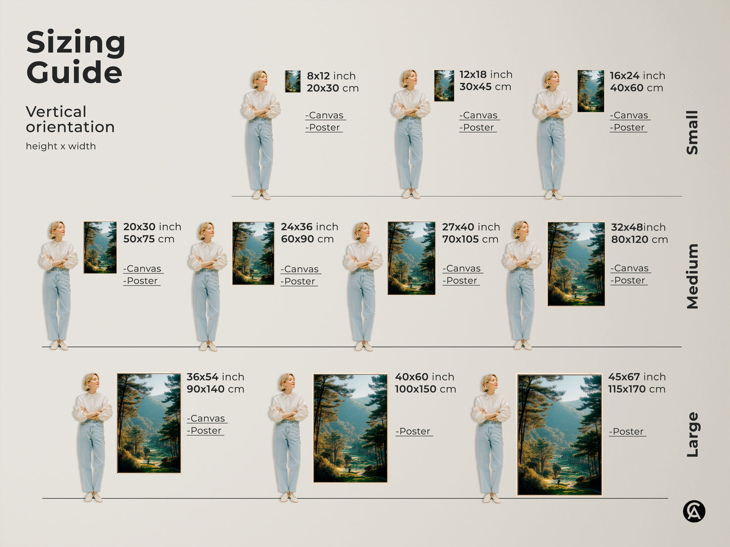 Sizing guide for golf course canvas and poster artwork. Visualize different sizes with a model. Find the perfect fit for your space. Available in small medium and large vertical orientations. Transform your walls with stunning landscape art.