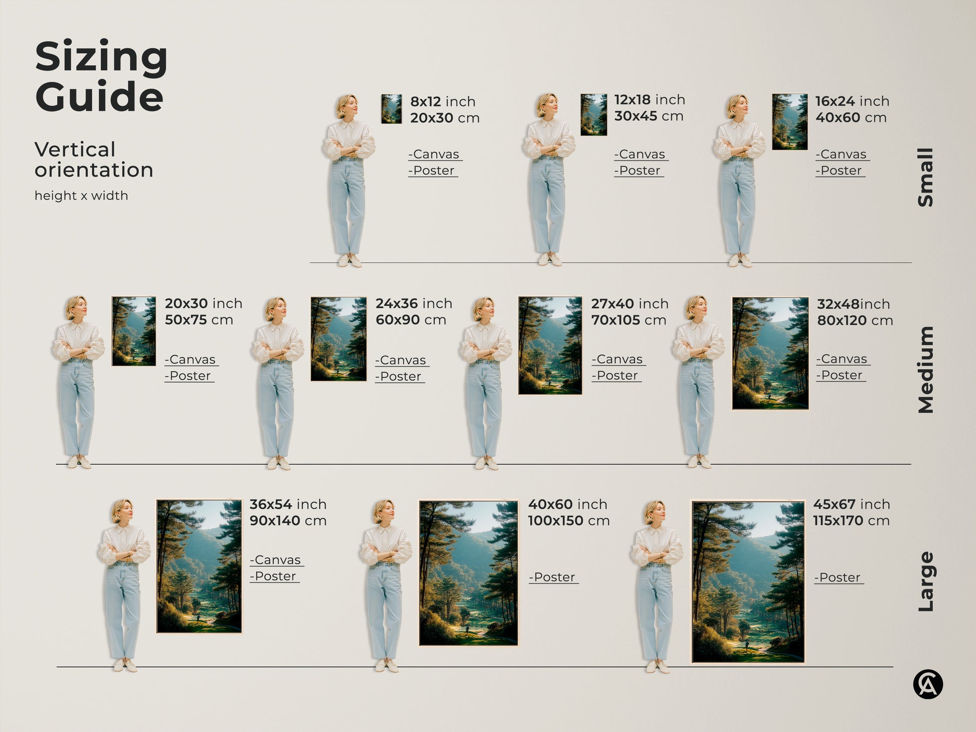Sizing guide for golf course canvas and poster artwork. Visualize different sizes with a model. Find the perfect fit for your space. Available in small medium and large vertical orientations. Transform your walls with stunning landscape art.