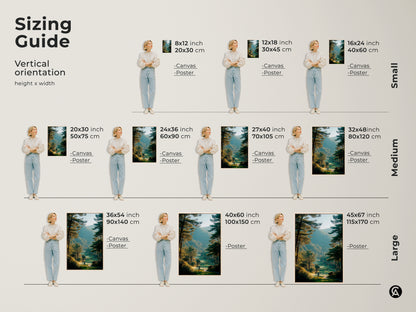 Sizing guide for golf course canvas and poster artwork. Visualize different sizes with a model. Find the perfect fit for your space. Available in small medium and large vertical orientations. Transform your walls with stunning landscape art.