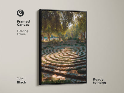 Framed canvas showcasing a garden maze with stone steps in a floating black frame. This biophilic art adds a touch of nature to any decor. The gold brown and green tones create a tranquil ambiance. It's ready to hang and enhances residential spaces.