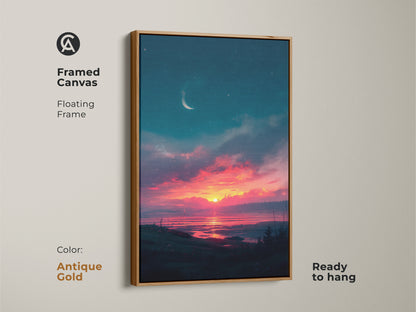 Infuse your home with warmth using this framed sunset canvas. The antique gold floating frame adds a touch of luxury. Ready to hang this piece and create a cozy ambiance. Capture the beauty of the sunset's colors and reflections. Perfect for adding elegance to any room.