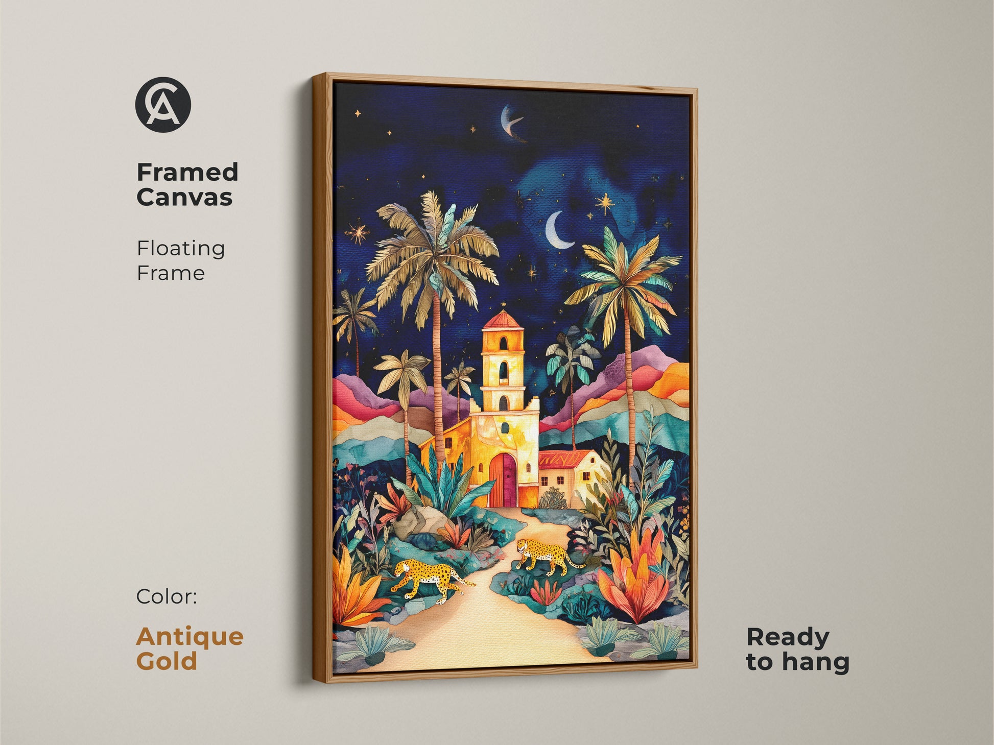 Framed canvas art with an antique gold floating frame. Displaying cheetahs and palm trees under a vibrant night sky. This colorful landscape adds a touch of bohemian charm to any space. Ready to hang this artwork is perfect for nature lovers. A great housewarming gift for unique home decor.