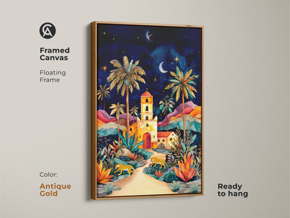 Framed canvas art with an antique gold floating frame. Displaying cheetahs and palm trees under a vibrant night sky. This colorful landscape adds a touch of bohemian charm to any space. Ready to hang this artwork is perfect for nature lovers. A great housewarming gift for unique home decor.