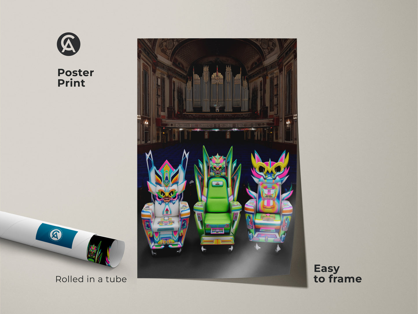 Poster print of abstract fantasy chairs rolled in a tube easy to frame. Neon pink and electric blue artwork for a modern surreal art piece. Ideal high saturation wall art for a man cave. This vibrant interior decor is a unique home gift for fantasy fans.