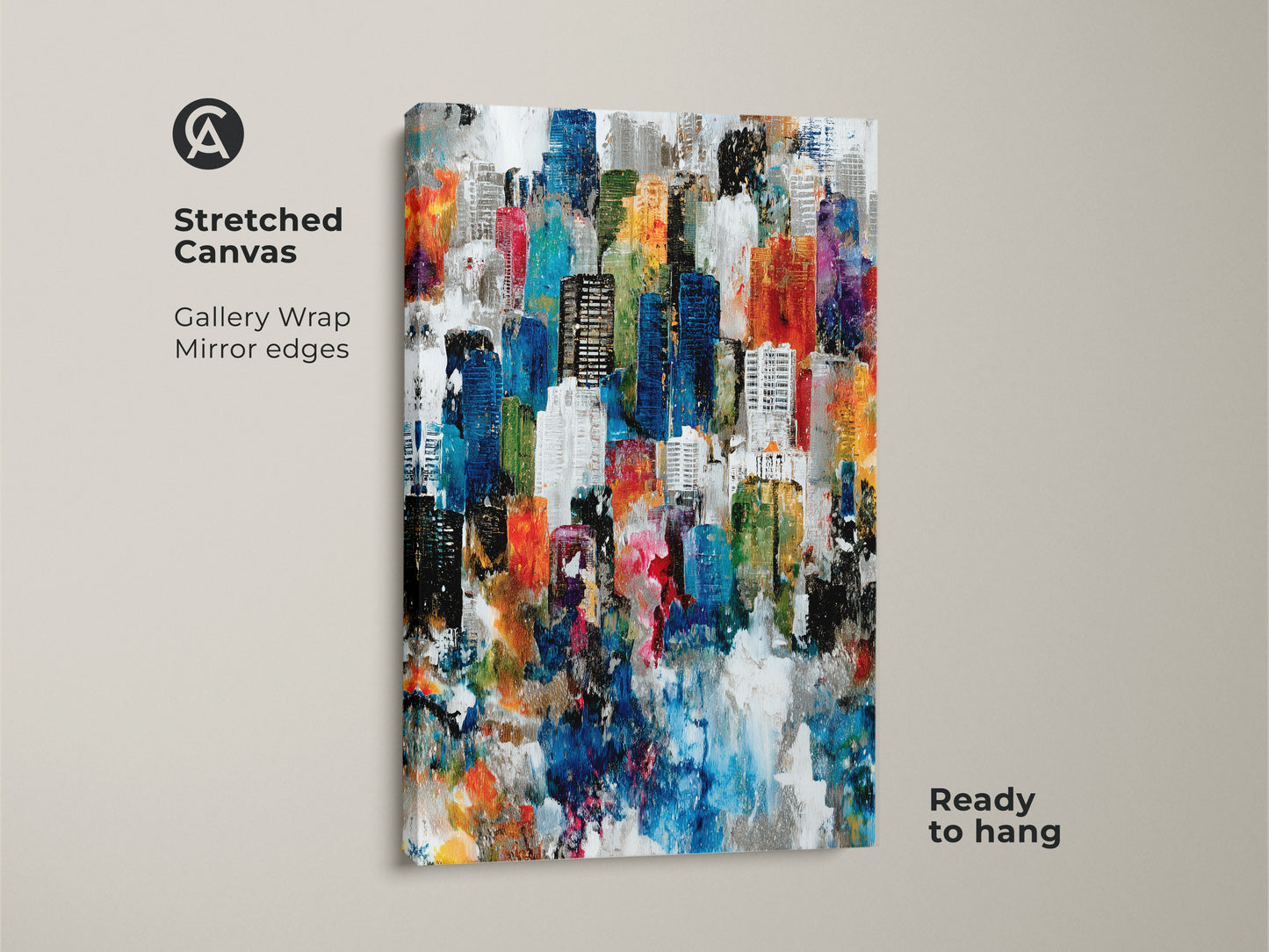 Stretched canvas art featuring an abstract cityscape with gallery wrap. The canvas has mirror edges offering a modern seamless look. This colorful painting is ready to hang. It will add a stylish touch to any room's decor.