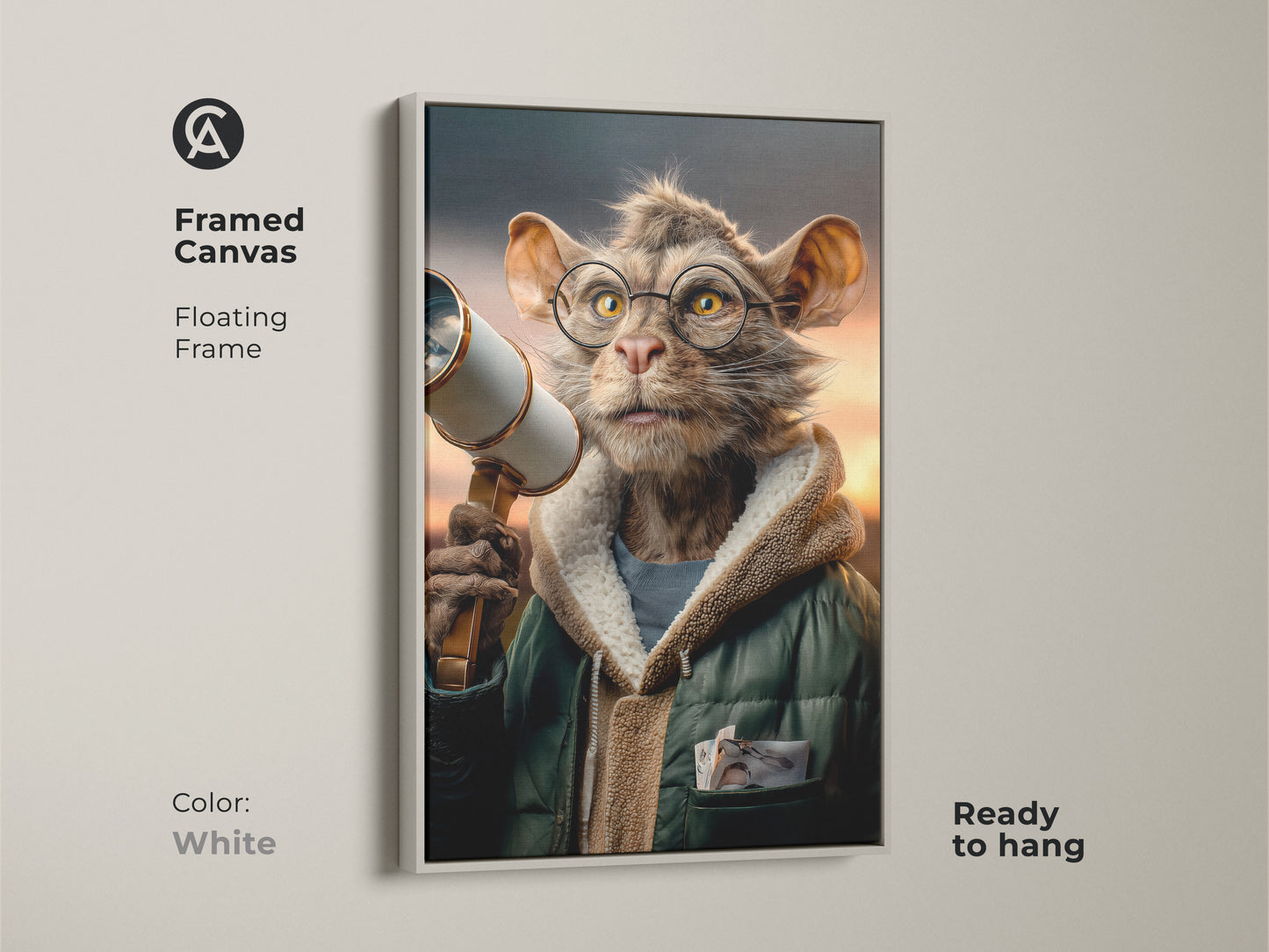 Framed canvas art of a surreal cat with glasses holding a telescope. The floating frame is white and the artwork is ready to hang. This brown green and orange animal art is perfect for cat lovers seeking unique eclectic office decor. It adds a whimsical touch.