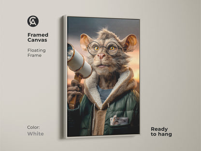 Framed canvas art of a surreal cat with glasses holding a telescope. The floating frame is white and the artwork is ready to hang. This brown green and orange animal art is perfect for cat lovers seeking unique eclectic office decor. It adds a whimsical touch.