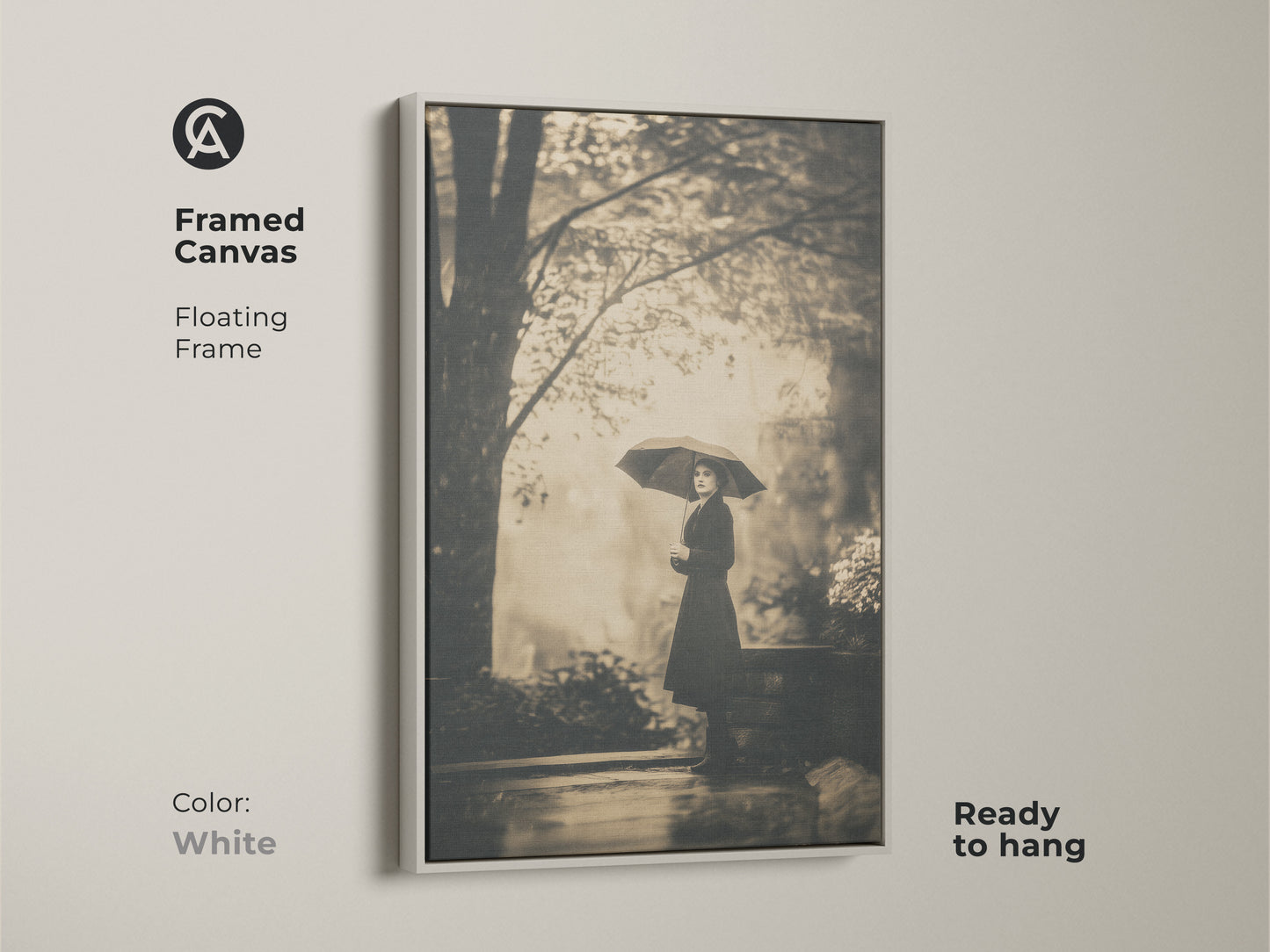 Framed canvas art showcasing a woman with an umbrella. The floating frame is in white. This ready-to-hang piece offers a clean aesthetic. The white frame enhances the vintage art print.