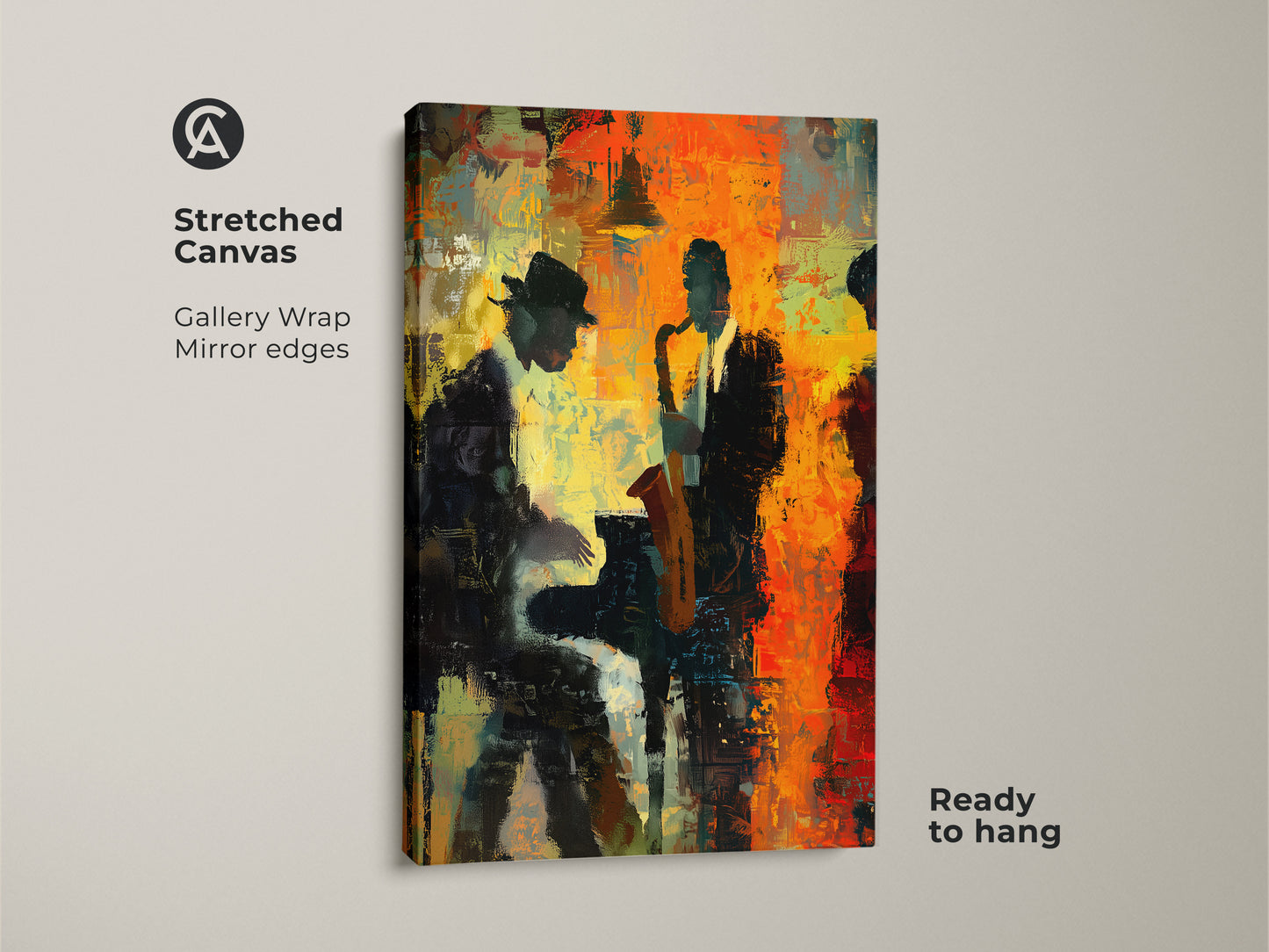 Stretched canvas print featuring a jazz trio. This gallery wrapped canvas has mirrored edges and comes ready to hang. The artwork captures the essence of a live jazz performance. It will add a touch of musical artistry to any room.