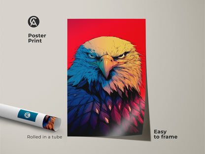 A poster print shows a Bald Eagle rolled in a tube. The wildlife artwork is easy to frame. Its vibrant red background will enhance any space. The close-up portrait shows a bird's intense gaze. The poster's bold illustration captures the American spirit. The yellow blue and red hues add contemporary style. A perfect gift for wildlife enthusiasts and those who appreciate patriotic art.