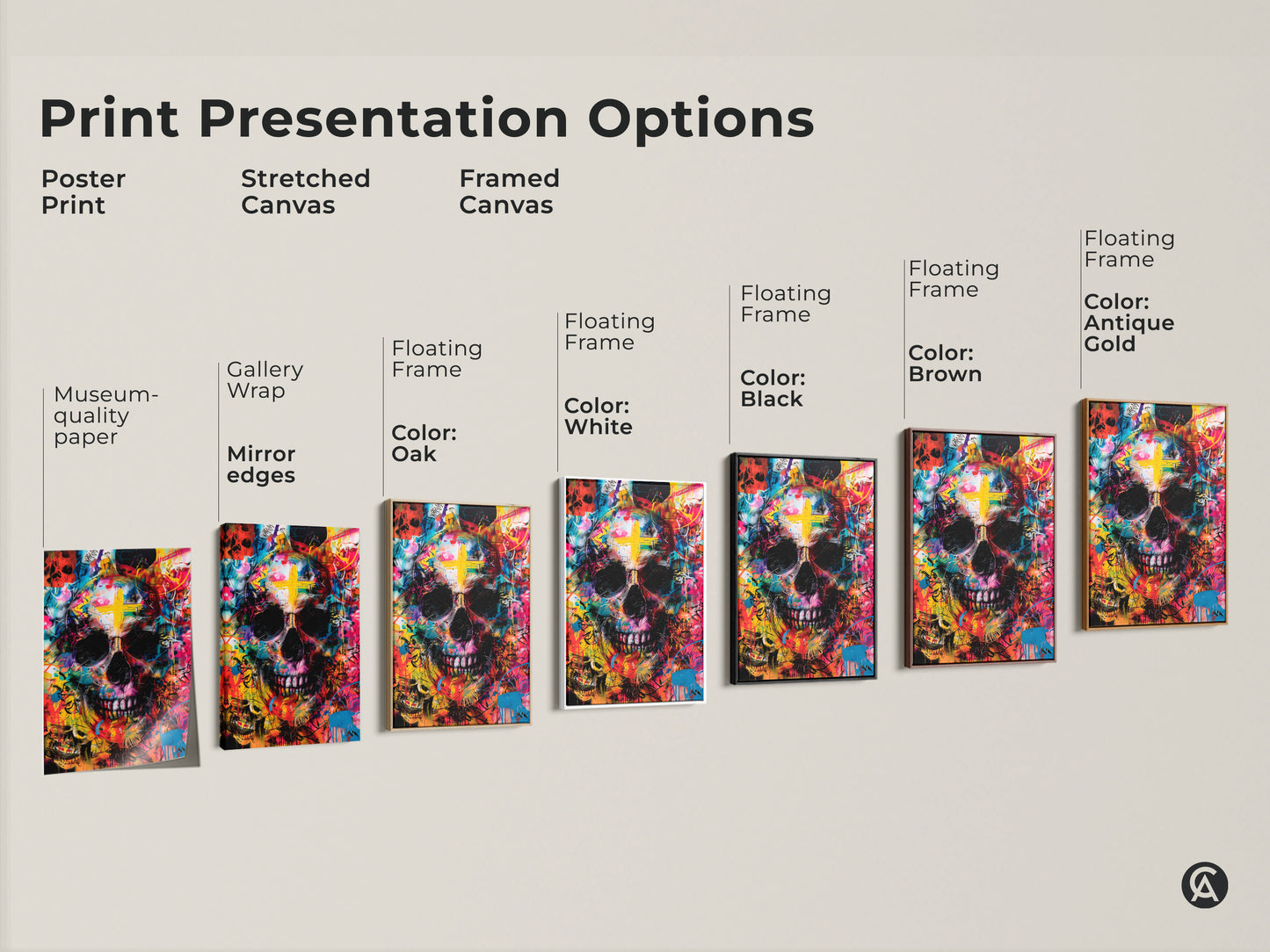 Explore print presentation options for skull artwork. Choose from poster prints stretched canvas and framed canvas. Available with various frame colors. Find the perfect style. Shop Now.