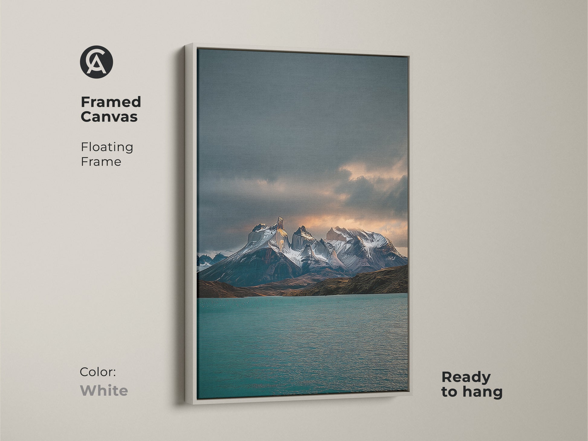 White framed canvas print of a teal lake and snowy peaks landscape. This minimalist mountain art is ready to hang. A perfect gift for outdoor enthusiasts and hikers.