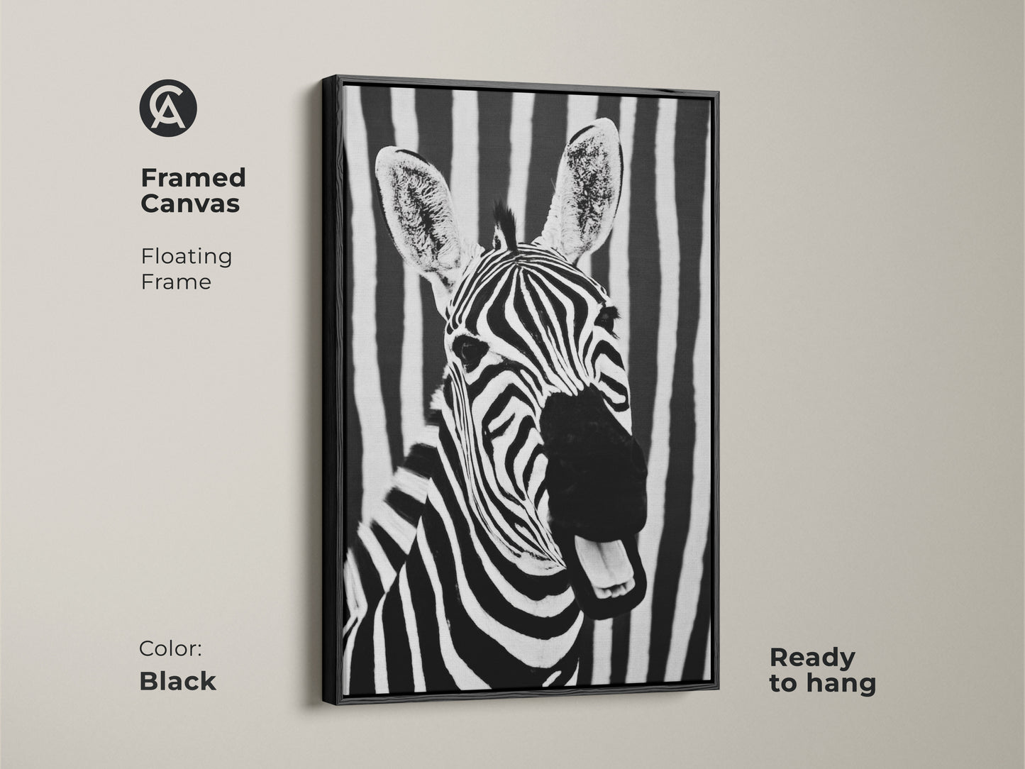Black framed canvas with zebra art. This floating frame highlights a monochrome zebra portrait against a striped backdrop. Ready to hang it is perfect for contemporary decor. Add minimalist wildlife to your office with this unique piece.