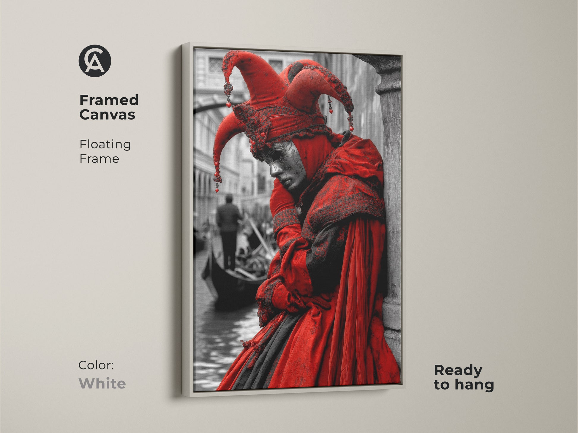 White framed canvas art displays a Venetian jester. This Venice artwork complements any interior style. The floating frame enhances the jester artwork. Get ready to hang this piece now.