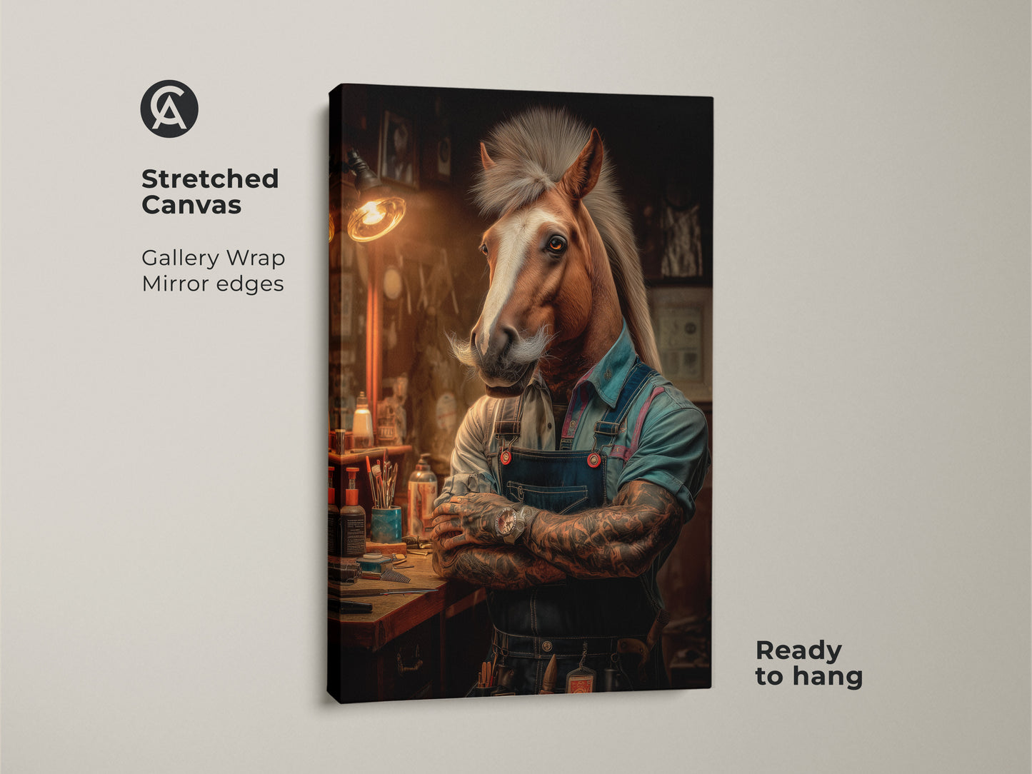Stretched canvas print of a surreal horse barber art piece. The gallery wrap with mirror edges enhances this unique animal painting. Ready to hang this anthropomorphic artwork adds charm to any eclectic office or home. A great gift for horse lovers looking for quirky wall decor.