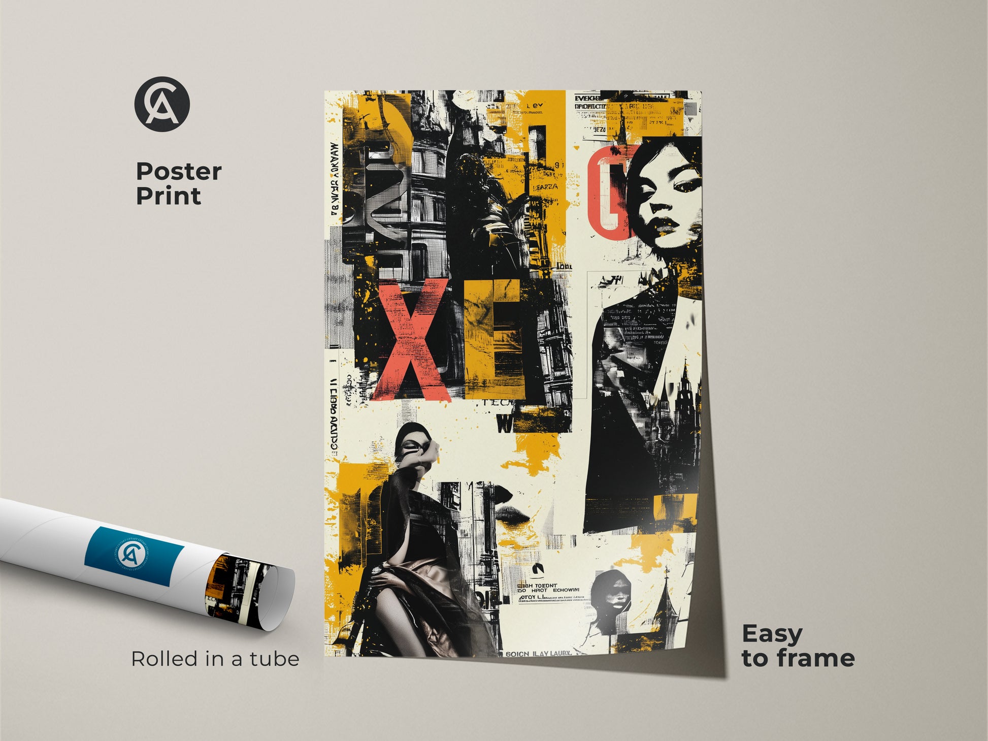 Poster Print of Graffiti Woman Face art. This urban collage features yellow black eclectic colors. Rolled in a tube it's easy to frame. Perfect modern office decor or a unique art collector gift.