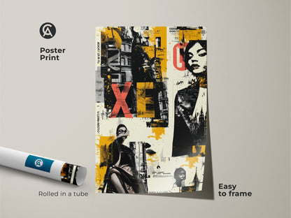 Poster Print of Graffiti Woman Face art. This urban collage features yellow black eclectic colors. Rolled in a tube it's easy to frame. Perfect modern office decor or a unique art collector gift.