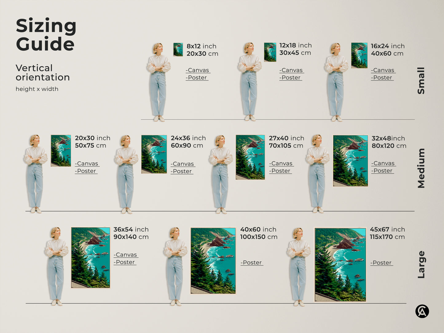 Sizing guide for vertical coastal landscape art. See how different sizes of ocean beach canvas prints fit in a room. Visualize the impact of rocky shoreline artwork and teal blue green nature decor. Perfect for bedroom wall decor or as a coastal housewarming gift. Choose the ideal size for your scenic ocean view canvas and bring the beauty of the seaside into your home.