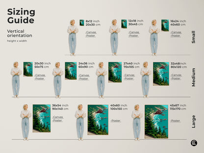 Sizing guide for vertical coastal landscape art. See how different sizes of ocean beach canvas prints fit in a room. Visualize the impact of rocky shoreline artwork and teal blue green nature decor. Perfect for bedroom wall decor or as a coastal housewarming gift. Choose the ideal size for your scenic ocean view canvas and bring the beauty of the seaside into your home.