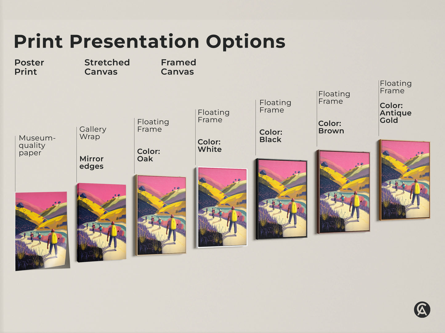 Print presentation options featuring a mountain landscape art with hikers. Options include poster print stretched canvas and framed canvas. Choose from museum-quality paper gallery wrap and floating frames. Perfect for adding scenic nature decor to your living room bedroom or home office.