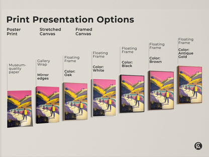 Print presentation options featuring a mountain landscape art with hikers. Options include poster print stretched canvas and framed canvas. Choose from museum-quality paper gallery wrap and floating frames. Perfect for adding scenic nature decor to your living room bedroom or home office.