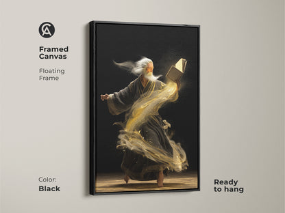 Black framed canvas featuring an old man sage with a magic book. The fantasy artwork has a floating frame and is ready to hang. Swirling gold dust adds a surreal touch to this mythology art.