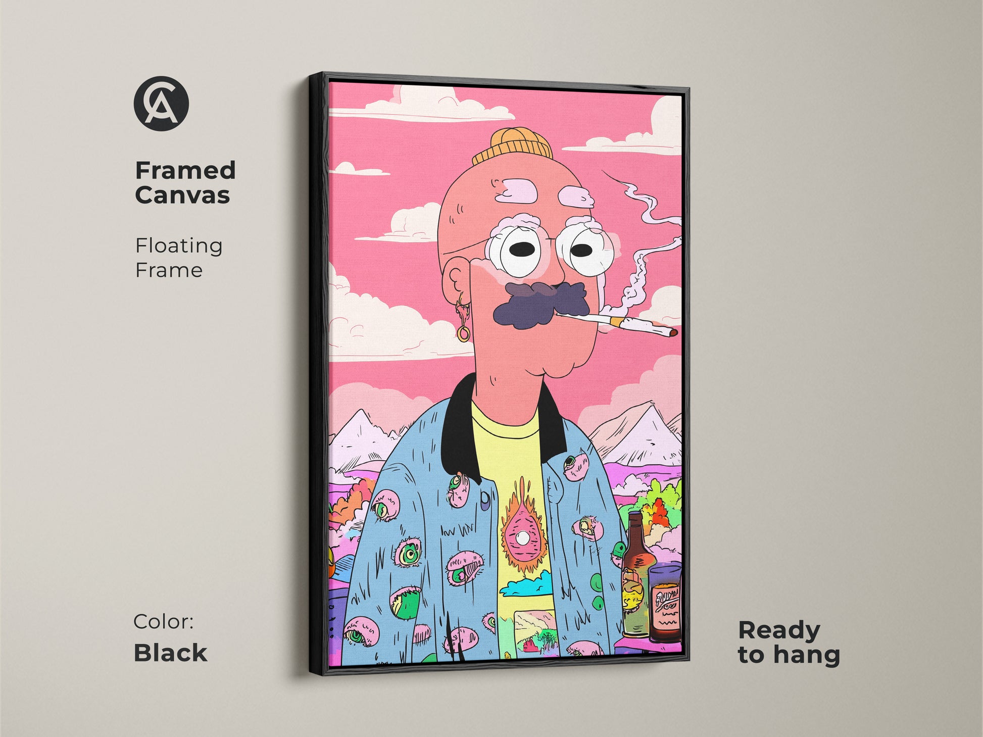 Framed canvas of a cartoon man smoking a cigarette. The floating frame adds a touch of elegance. The art is ready to hang. The black frame complements the colorful artwork. This unique print adds a stylish and quirky touch to your wall decor. Perfect for art enthusiasts.