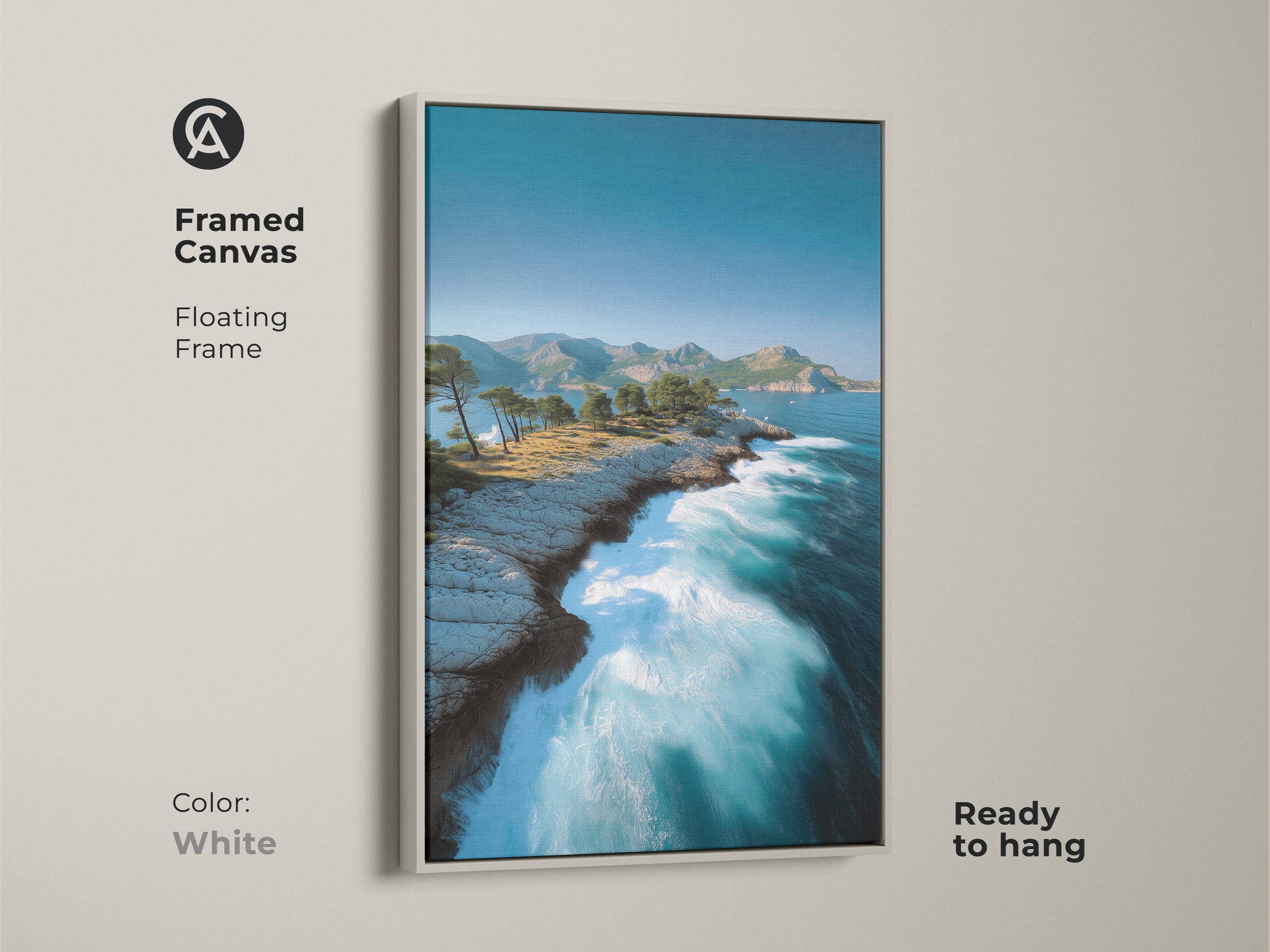 White Framed Canvas of Ocean Cliff Art. The floating frame displays a panoramic ocean view with a modern coastal feel. This seaside art print enhances any space.