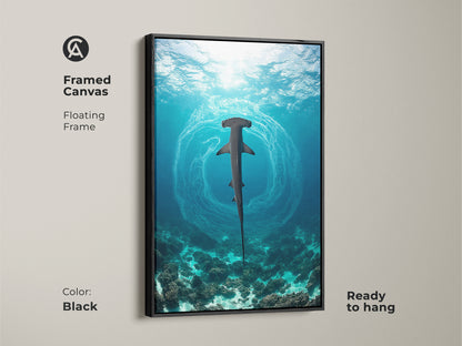A framed canvas art piece features a hammerhead shark swimming over a coral reef. The black floating frame enhances the photorealistic underwater scene. Ready to hang this marine life art brings the tranquility of the ocean into your home. It is a perfect gift for coastal living decor.