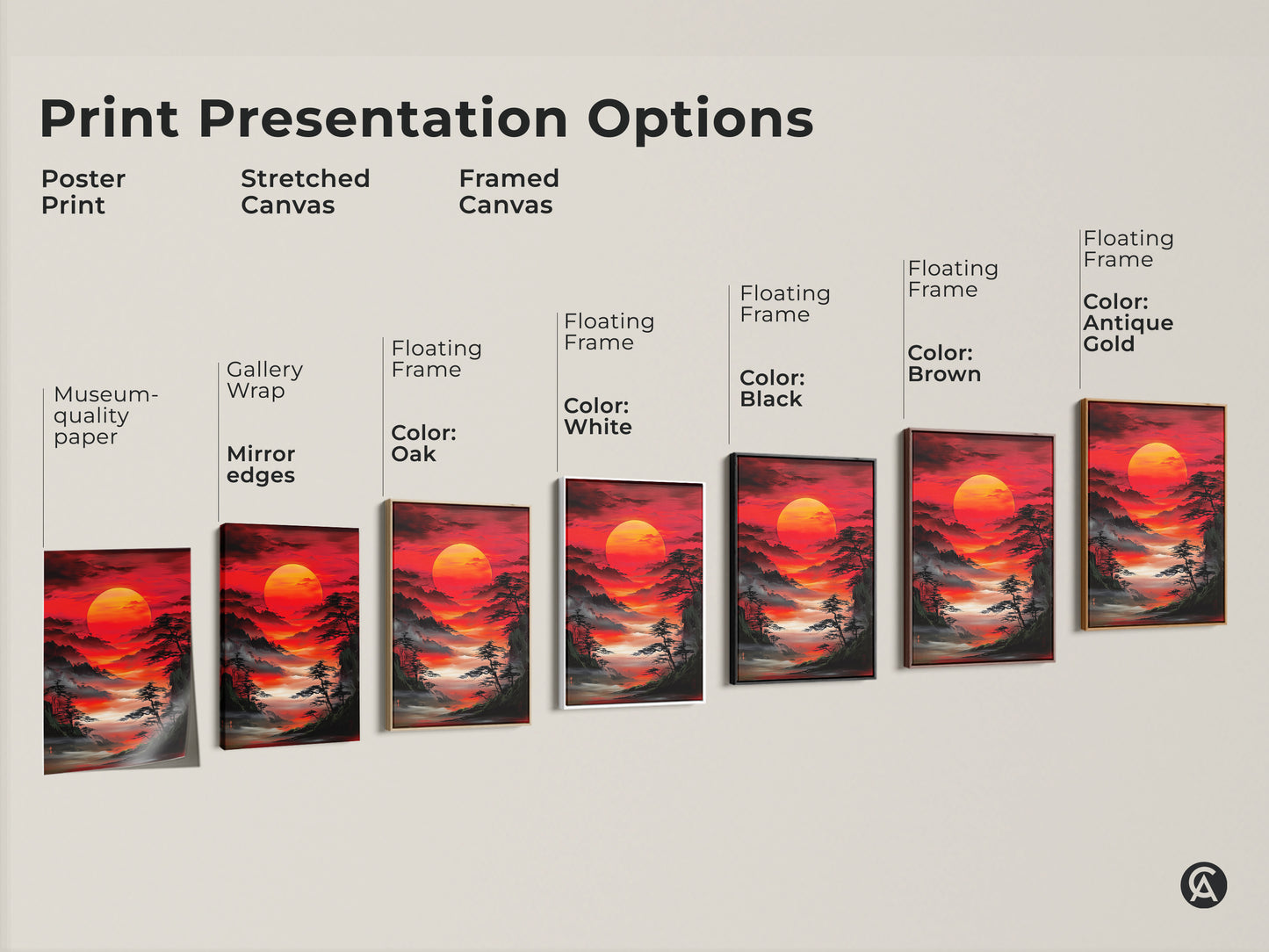 Print presentation options for Asian landscape artwork. Choose from poster print stretched canvas and framed canvas. Options include gallery wrap museum quality paper and floating frame. Red sunrise art.