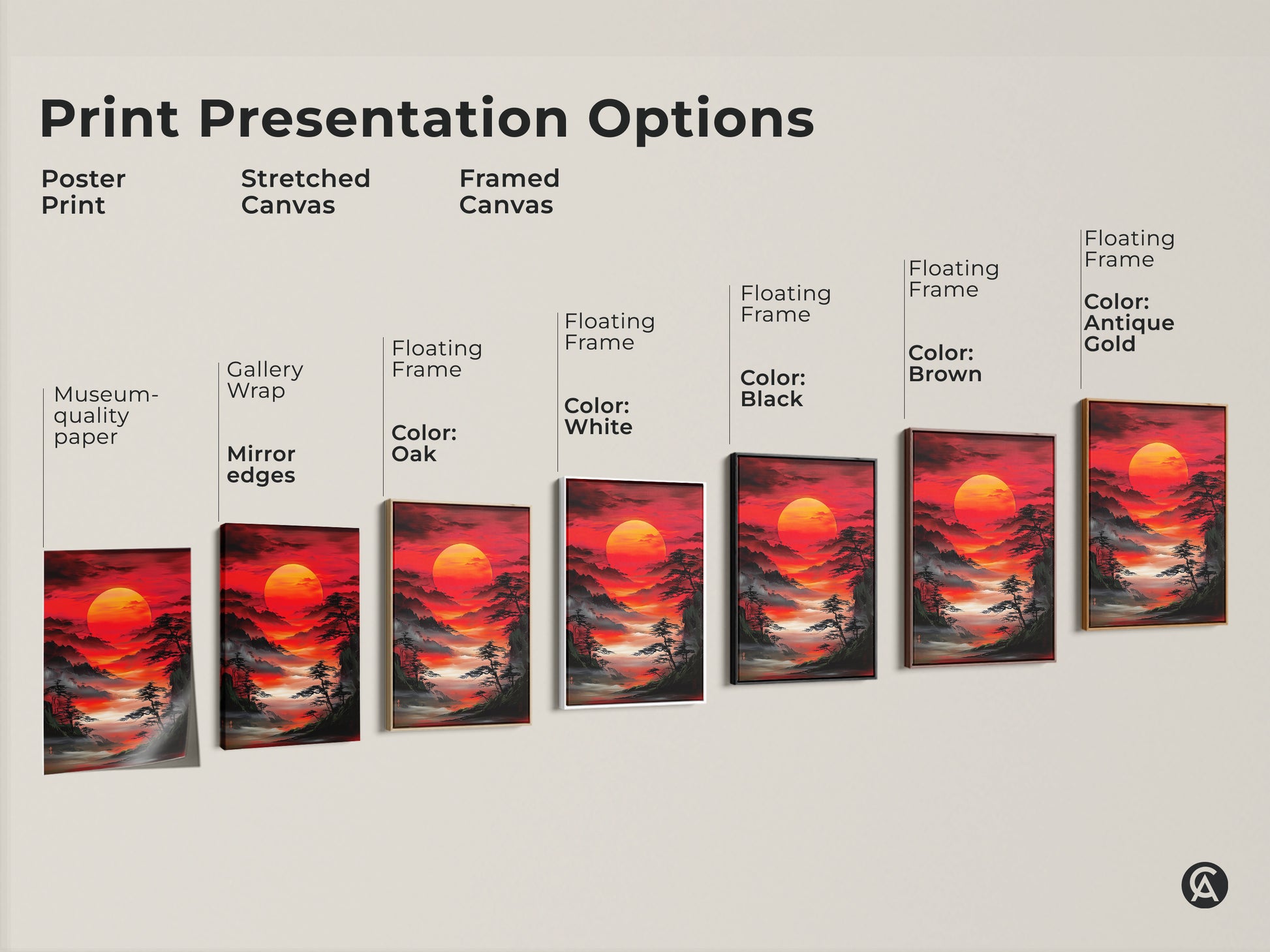 Print presentation options for Asian landscape artwork. Choose from poster print stretched canvas and framed canvas. Options include gallery wrap museum quality paper and floating frame. Red sunrise art.
