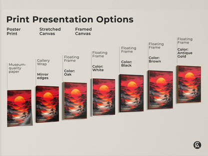 Print presentation options for Asian landscape artwork. Choose from poster print stretched canvas and framed canvas. Options include gallery wrap museum quality paper and floating frame. Red sunrise art.