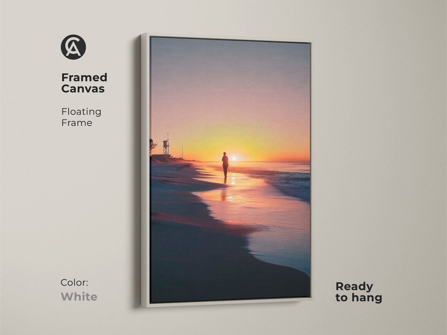 White framed canvas featuring beach sunset wall art. Solitary walker on the shore and a distant lifeguard tower make this art unique. Ready to hang this canvas enhances coastal and modern decor. Warm colors bring serene beauty to any room.