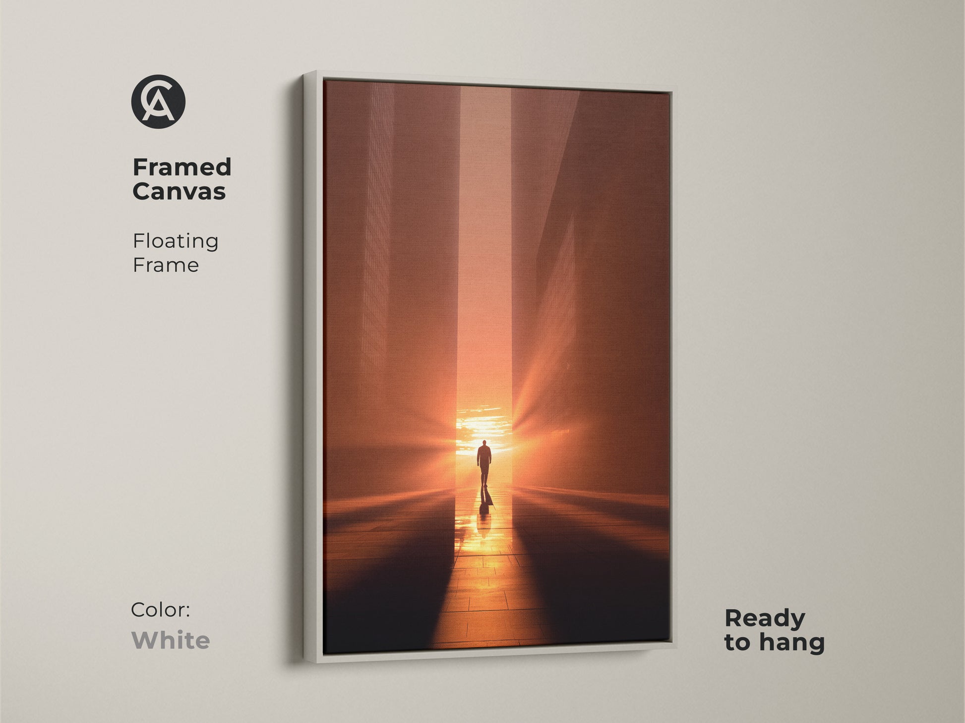 Framed canvas with a floating white frame showcasing minimalist cityscape artwork. The golden light artwork features a walking man print. This urban sunset print is ready to hang. It's a great piece of contemporary decor for any modern space.