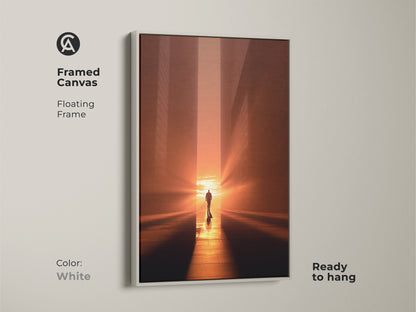 Framed canvas with a floating white frame showcasing minimalist cityscape artwork. The golden light artwork features a walking man print. This urban sunset print is ready to hang. It's a great piece of contemporary decor for any modern space.