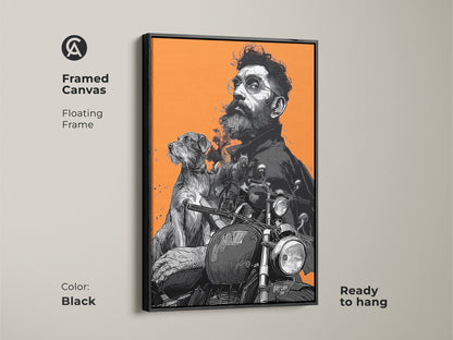 Framed canvas showcasing a man and his dog on a motorcycle with a sleek black floating frame. This ready to hang wall decor adds a touch of retro style. The orange black and gray tones make it suitable for an office or man cave for motorcycle enthusiasts.
