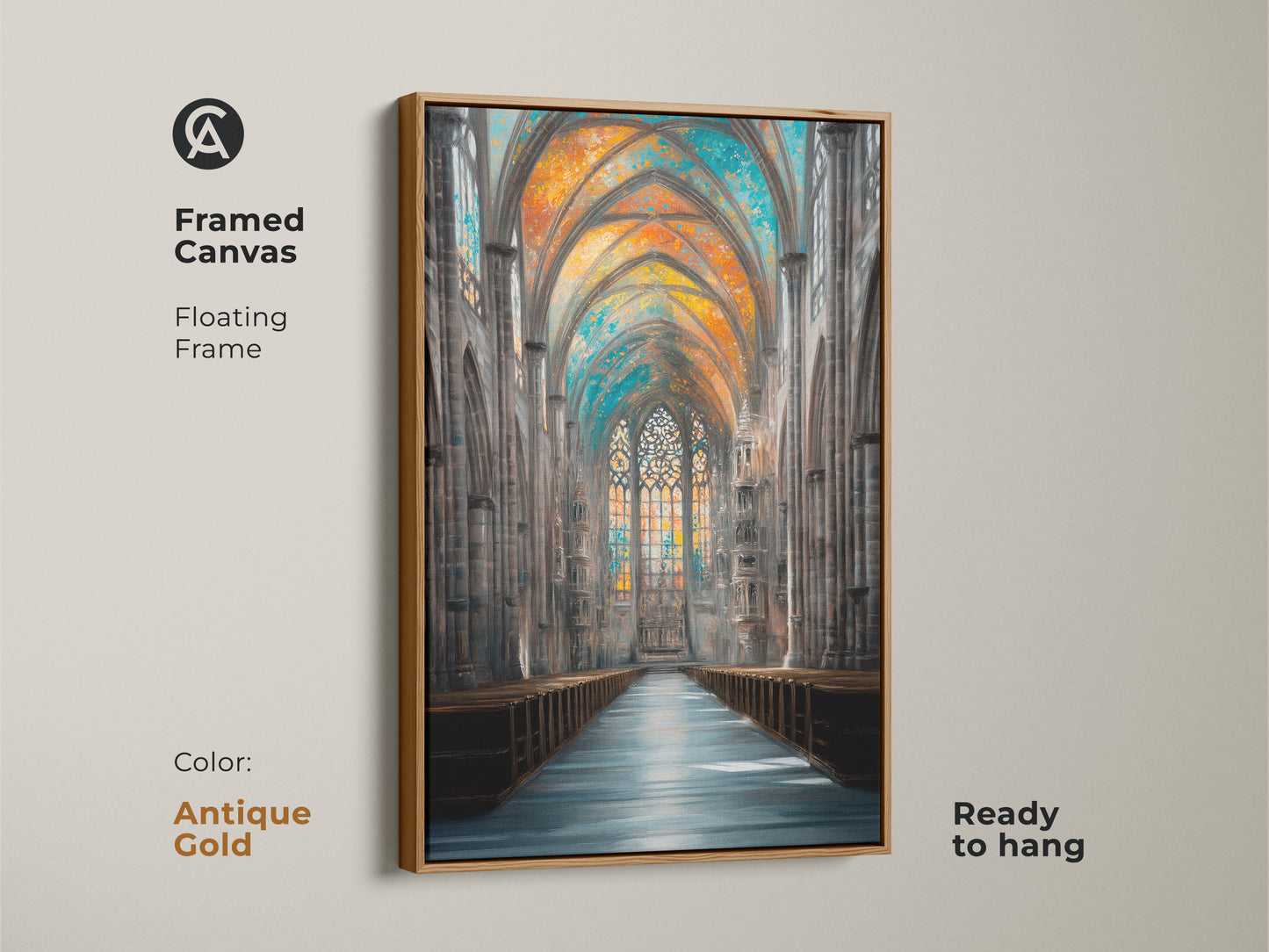 This framed canvas features Gothic Revival art. The floating frame is antique gold. The ready-to-hang art captures stained glass windows in shades of orange blue and teal. Perfect for adding classic style to your study room wall decor.