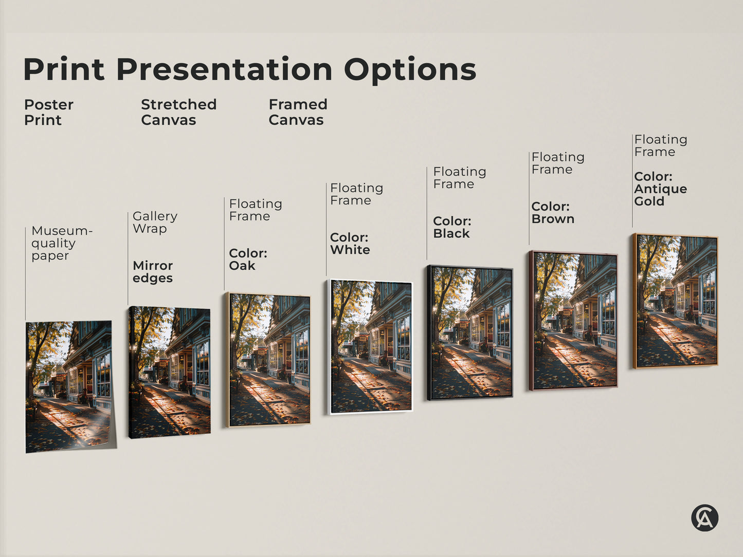 Explore print presentation options for our autumn street scene art. Choose from poster prints stretched canvas or framed canvas. Options include gallery wrap floating frames museum-quality paper and various frame colors. Find the perfect style for your home decor.