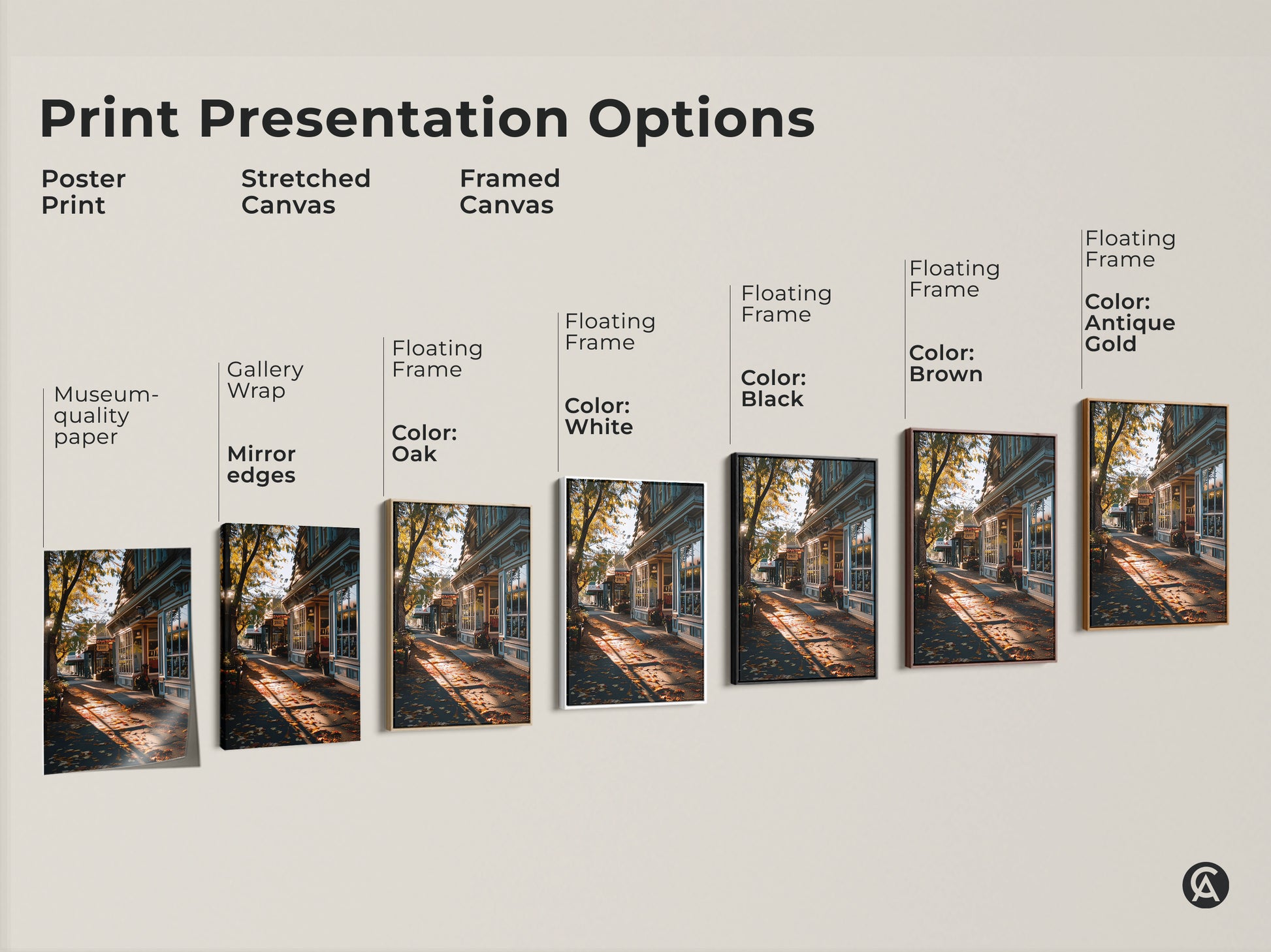 Explore print presentation options for our autumn street scene art. Choose from poster prints stretched canvas or framed canvas. Options include gallery wrap floating frames museum-quality paper and various frame colors. Find the perfect style for your home decor.