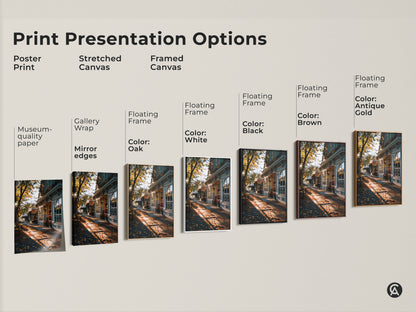 Explore print presentation options for our autumn street scene art. Choose from poster prints stretched canvas or framed canvas. Options include gallery wrap floating frames museum-quality paper and various frame colors. Find the perfect style for your home decor.
