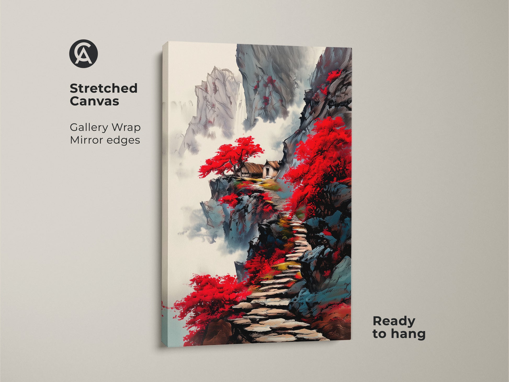 Stretched canvas of a red mountain pagoda art print. It shows a Japanese ink wash landscape in a Japandi style. This traditional Asian wall decor is ready to hang. It offers a scenic cliffside view.