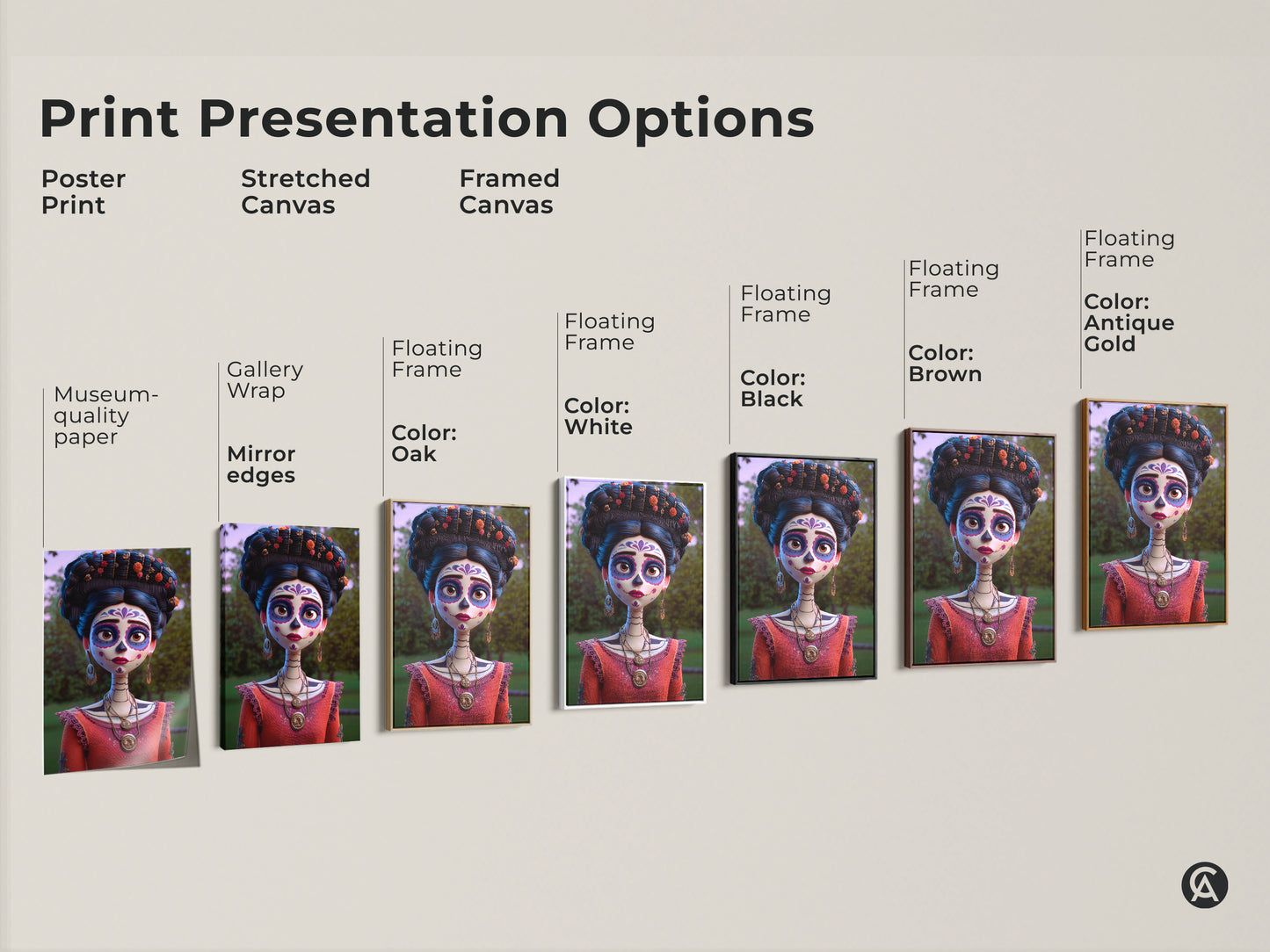 Explore Mexican Sugar Skull artwork print presentation options. Choose from poster print stretched canvas or framed canvas. Select your favorite frame color from white black brown or antique gold. Find the perfect Dia de Muertos decor.