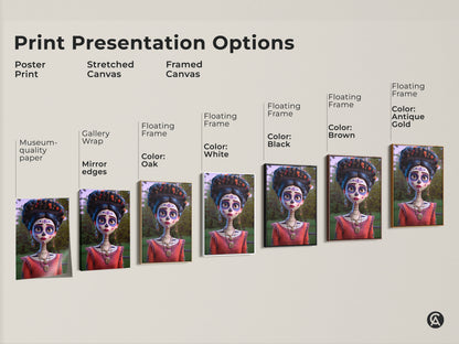 Explore Mexican Sugar Skull artwork print presentation options. Choose from poster print stretched canvas or framed canvas. Select your favorite frame color from white black brown or antique gold. Find the perfect Dia de Muertos decor.