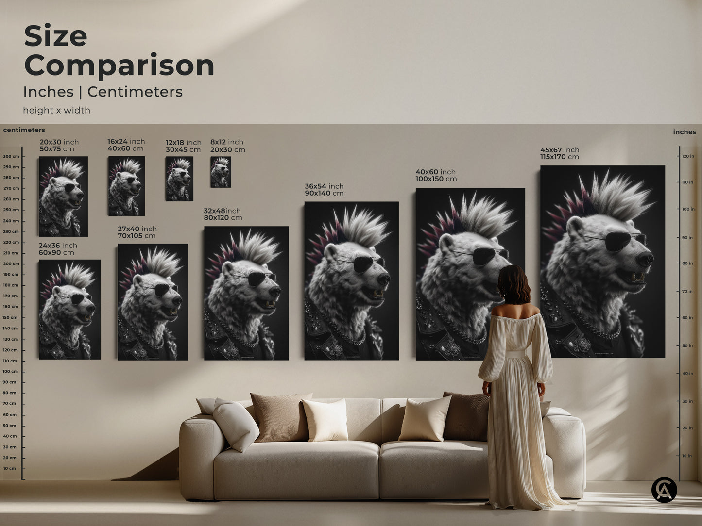 Size comparison featuring the punk rock bear art. The canvas print is displayed over a couch to highlight size differences. Art size ranging from small to large. The artwork shows a bear with mohawk and sunglasses. Perfect to visualize how each size transforms your space. This is an eclectic addition for any home.